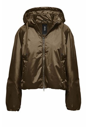 Brązowa kurtka z kapturem, zapinana z przodu na zamek, z kapturem regulowanym na sznurek oraz długimi rękawami z elastycznymi mankietami.