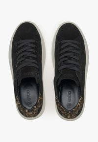 Black suede sneakers with a textured leopard print accent at the heel, gray rubber sole, and black laces. Interior features a padded insole.