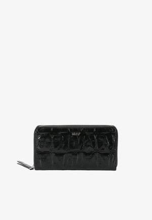 Black patent leather wallet with a crocodile texture, featuring a zip closure and a silver logo. Slim and rectangular design.