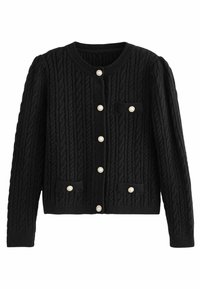 Czarny kardigan z warkoczyków z okrągłym dekoltem, trzema guzikami w stylu perłowym oraz dwoma przednimi kieszeniami z podobnymi akcentami guzików.