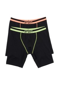 Due paia di boxer neri, uno con una fascia e cuciture arancioni neon, l'altro con accenti e fascia verdi neon.