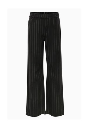 Zwarte wijde broek met verticale witte strepen, elastische tailleband en zachte textuur. Geschikt voor casual of professionele kleding.