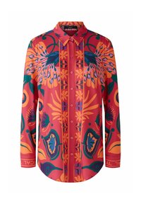 Kleurige blouse met lange mouwen, gekenmerkt door een bloemenprint in oranje, roze en groene tinten, met een knoopsluiting aan de voorkant en een ronde zoom.