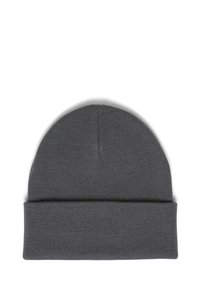 Cappello di lana grigia con risvolto, caratterizzato da una texture liscia e un design a corona arrotondata. Accessorio semplice e versatile.
