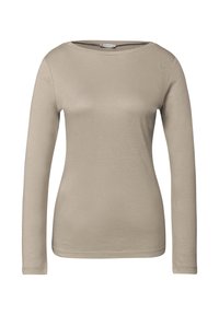 Beige langemouwen t-shirt van soepele stof, met een ronde halslijn en een getailleerde silhouet, met minimale stikdetails.