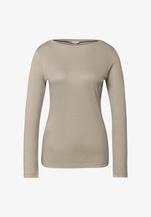 T-shirt beige à manches longues en tissu lisse, avec un col rond et une silhouette ajustée, présentant des détails de couture minimaux.