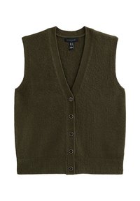 Gilet sans manches de couleur vert olive, réalisé en jersey texturé, avec un décolleté en V profond, une fermeture à boutons avec cinq boutons et un ourlet côtelé.