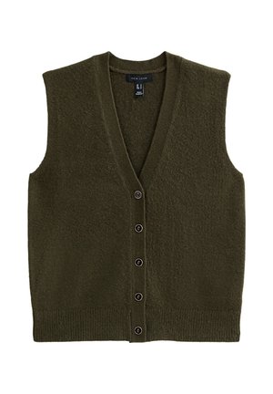 Olivgrüner, ärmelloser Cardigan-Weste aus strukturiertem Strickstoff, mit tiefem V-Ausschnitt, einer Knopfleiste mit fünf Knöpfen und geripptem Saum.