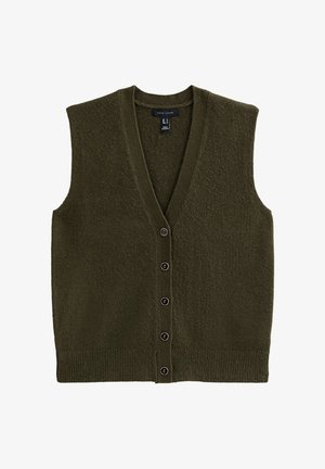 Olive green, sleeveless cardigan vest made of textured knit fabric, featuring a deep V-neck, a button front with five buttons, and ribbed hem.