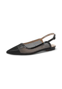 Ballerine slingback in rete nera con punta affusolata, caratterizzate da un design trasparente simile a una rete, bordi lisci e una sottile cinghia alla caviglia con fibbia.