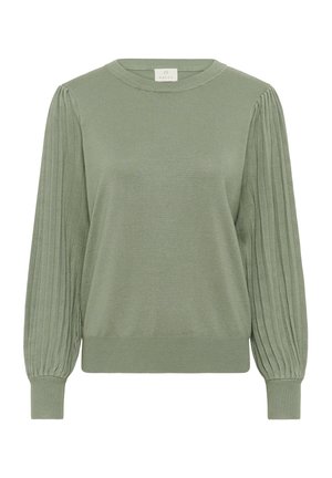 Pulover verde tricotat cu decolteu rotund, mâneci lungi plisate și tiv și manșete cu dungi. Textură netedă cu aspect moale.