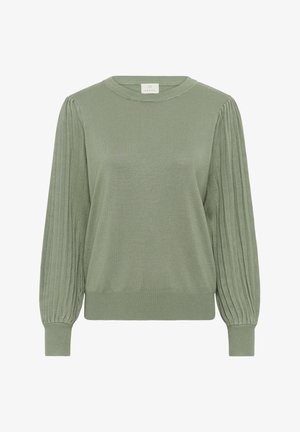 Green knitted sweater with a round neckline, pleated long sleeves, and ribbed hem and cuffs. Smooth texture with a soft appearance.