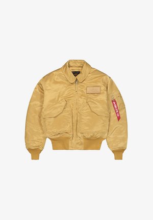Bomber jacket in light beige nylon, featuring a zip front, ribbed cuffs and hem, two front pockets, and a side pocket with a red tag.