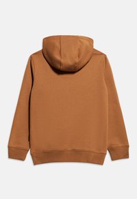 Καφέ φούτερ με κουκούλα, εμφανιζόμενο από πίσω, με μακριά μανίκια και ριμπ στο τελείωμα των μανικιών και στο κάτω μέρος, σε απλό φόντο.