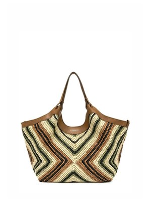 Geweven totebag met chevronpatroon in crème, bruin en zwart, met bruine leren biezen en dubbele schouderriemen.