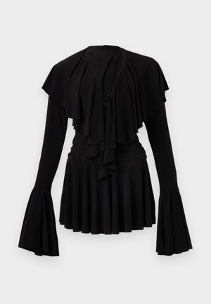 Black long-sleeve top with layered ruffles, flared sleeves, and a fitted waist. Made from soft fabric with a flowing skirted design.