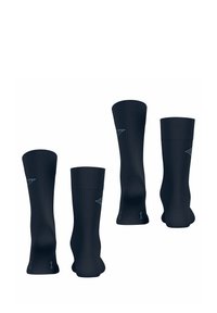 Navyblaue knielange Socken mit gerippter Textur, nahtlosem Zehendesign und einem kleinen Logodetail nahe der Oberkante.