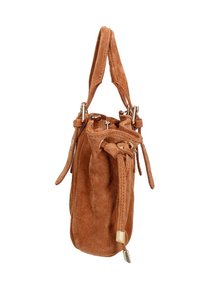 Borsa in suede marrone con manici doppi, chiusura a cordoncino frontale, hardware dorato e dettagli di cucitura in vista, mostrata da una vista laterale.