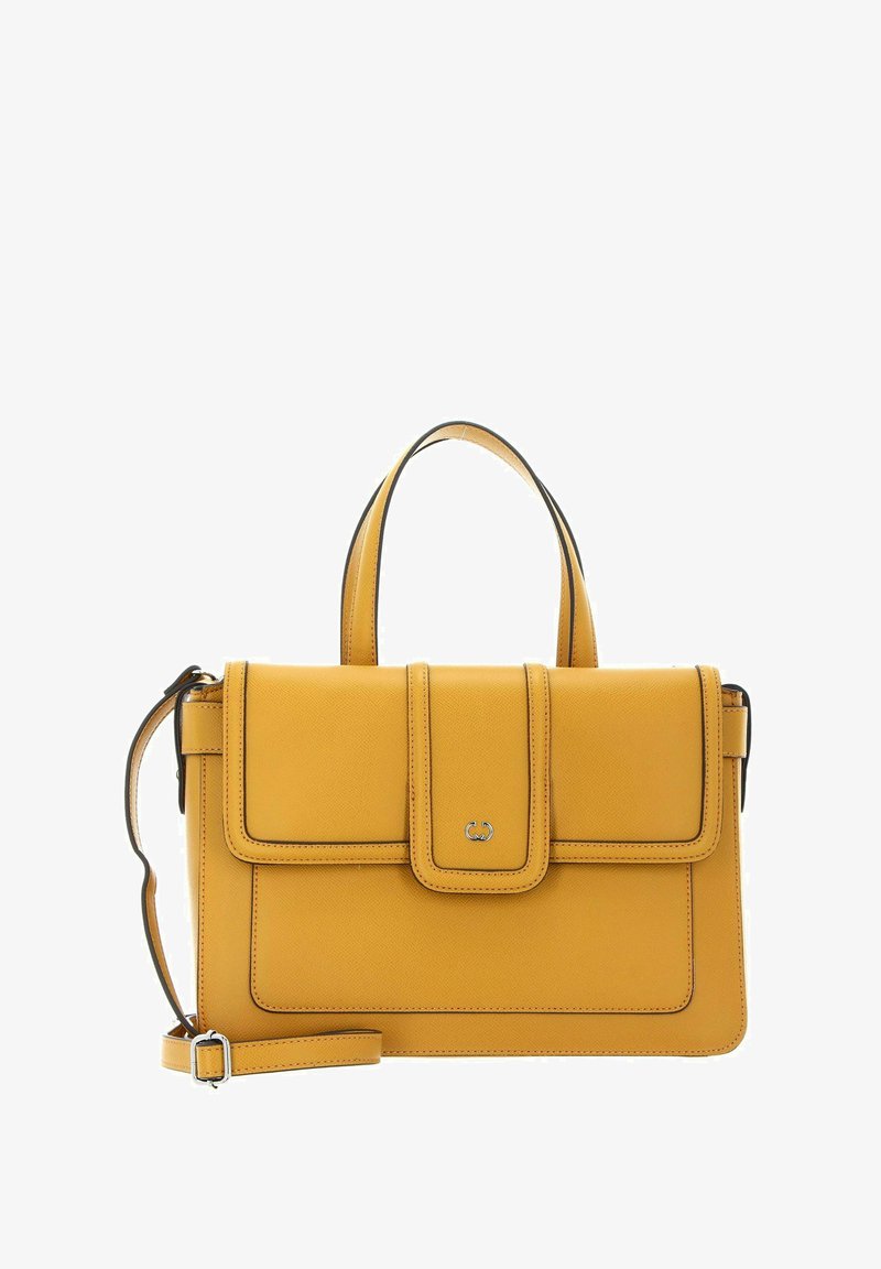 Sac à main en cuir jaune à forme structurée, avec une fermeture à rabat, deux poignées supérieures et une bandoulière réglable détachable.