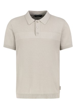 Beige kurzärmeliges, gestricktes Polohemd mit Dreiknopfleiste und strukturierten horizontalen Streifendetails über Brust und Ärmeln.