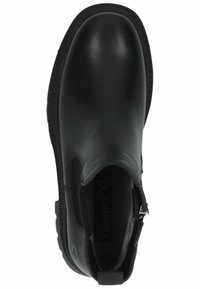 Black leather ankle boot with elastic side panel and rear zipper; textured sole and round toe design; branded insole visible inside.