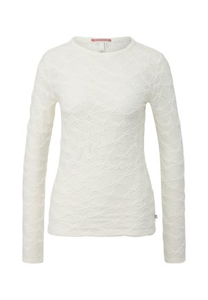 White long-sleeve shirt with textured pattern, round neckline, and subtle stitching detail. Material appears soft and lightweight.