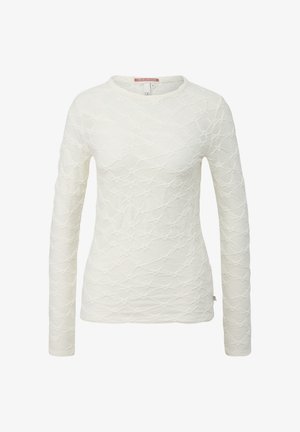 Balta garām piedurknēm krekls ar strukturētu rakstu, apaļu kakla izgriezumu un smalku šuvienu detaļu. Materiāls šķiet maigs un viegls.