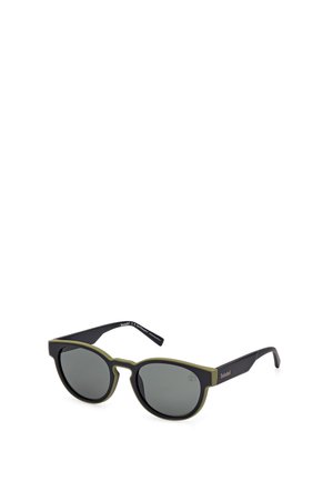 Round sunglasses with a black frame and olive green accents, featuring dark tinted lenses and straight black temples.