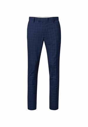 Navyblauwe op maat gemaakte broek met een subtiel ruitpatroon, voorzien van een vlakke voorkant, riemlussen en een slim fit ontwerp voor een moderne uitstraling.