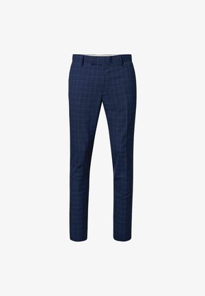 Navyblauwe op maat gemaakte broek met een subtiel ruitpatroon, voorzien van een vlakke voorkant, riemlussen en een slim fit ontwerp voor een moderne uitstraling.