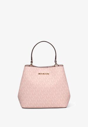 Borsa a mano strutturata rosa con motivo MK caratteristico, caratterizzata da una texture liscia, ferramenta in tonalità oro e doppi manici.