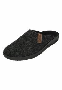 Zapatilla gris de felpa con suela de goma negra de perfil bajo. Presenta una etiqueta de cuero marrón en el lado exterior. Textura suave.