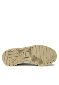 Suola di sneaker in gomma beige con motivi di grip testurizzati, caratterizzata da indentazioni quadrate e rettangolari e un logo del marchio prominente al centro.