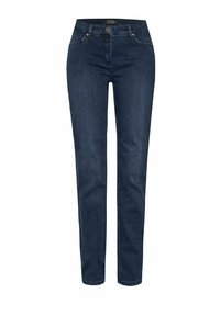 Dunkelblaue Jeans aus Denim mit hoher Taille, schmeichelndem Schnitt, dezenten Nähten und einem Knopfverschluss vorne. Keine Verzierungen oder Muster.