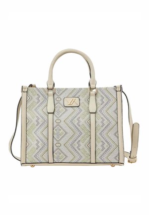 Bolso beige con patrones geométricos, doble asa superior, correa de hombro ajustable y herrajes dorados sobre fondo blanco.