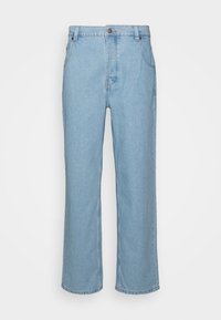 Light blue denim jeans with a straight leg design, featuring a button closure, belt loops, and two front pockets.
