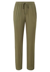Zelené olivové kalhoty vyrobené z měkkého materiálu, s elastickým pasem na šňůrku, rovnými nohavicemi a hladkým povrchem.