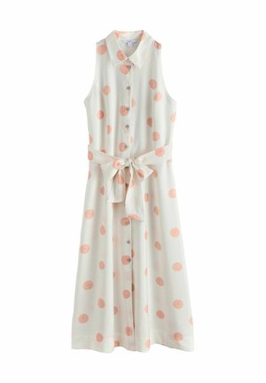 Sleeveless white dress with pink polka dots, button-down front, collar, and a waist tie bow.