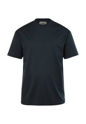 Marineblaues Baumwoll-T-Shirt mit kurzen Ärmeln, Rundhalsausschnitt und gerader Passform. Mit kleinem Markenetikett am Innenhals.
