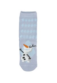 Calcetín de algodón azul claro con un diseño de muñeco de nieve de dibujos animados que tiene una nariz de zanahoria naranja y botones negros, todo sobre un patrón de diamantes.