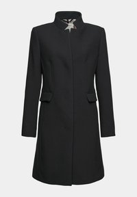 Schwarzer mittellanger Mantel mit Stehkragen, langen Ärmeln, verdecktem Frontverschluss und zwei aufgesetzten Taschen an den Seiten.