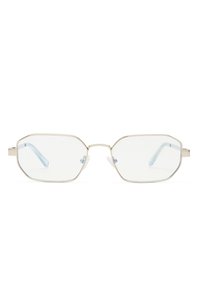 Ορθογώνια γυαλιά οράσεως σε χρυσό τόνο με λεπτά πλαίσια και διαυγή φακούς, σε άμεση όψη πάνω σε λευκό φόντο.