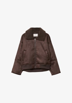 Braune Kunstlederjacke mit strukturiertem braunem Lammfellkragen, Reißverschluss, Seitentaschen und geripptem Saum. Übergröße mit herabgesetzten Schultern.