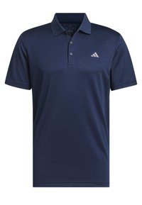 Polo majica tamnoplave boje, napravljena od glatkog, prozračnog materijala. Ima klasični ovratnik, placket s tri dugmeta i mali bijeli logotip na prsima.