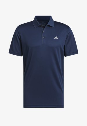 Polo bleu marine en tissu lisse et respirant. Présente un col classique, une patte de boutonnage à trois boutons et un petit logo blanc sur la poitrine.