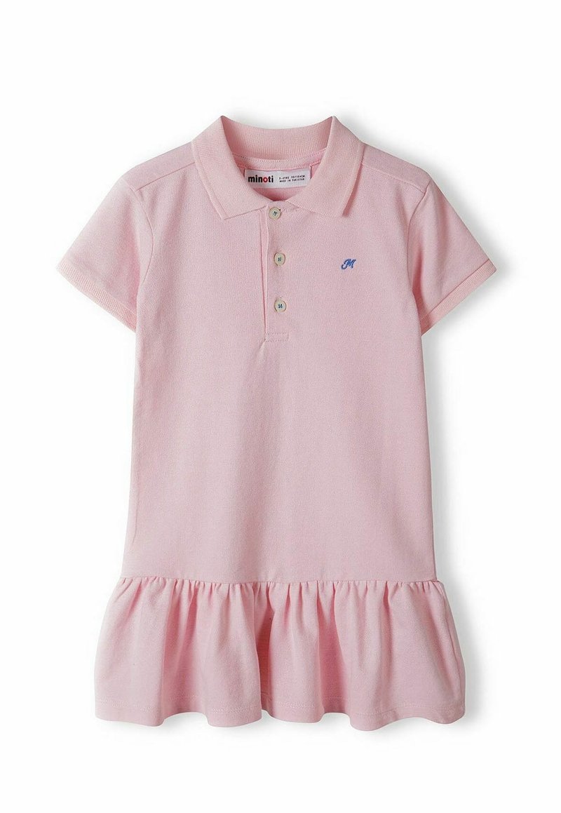 Robe polo rose clair manches courtes avec col, trois boutons, ourlet à volants et petit « M » bleu brodé sur la poitrine.