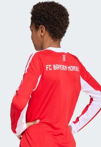 Rode longsleeve trui met witte accenten, met "FC BAYERN MÜNCHEN" op de achterkant en een ronde kraag. Gemaakt van lichtgewicht, ademend materiaal.