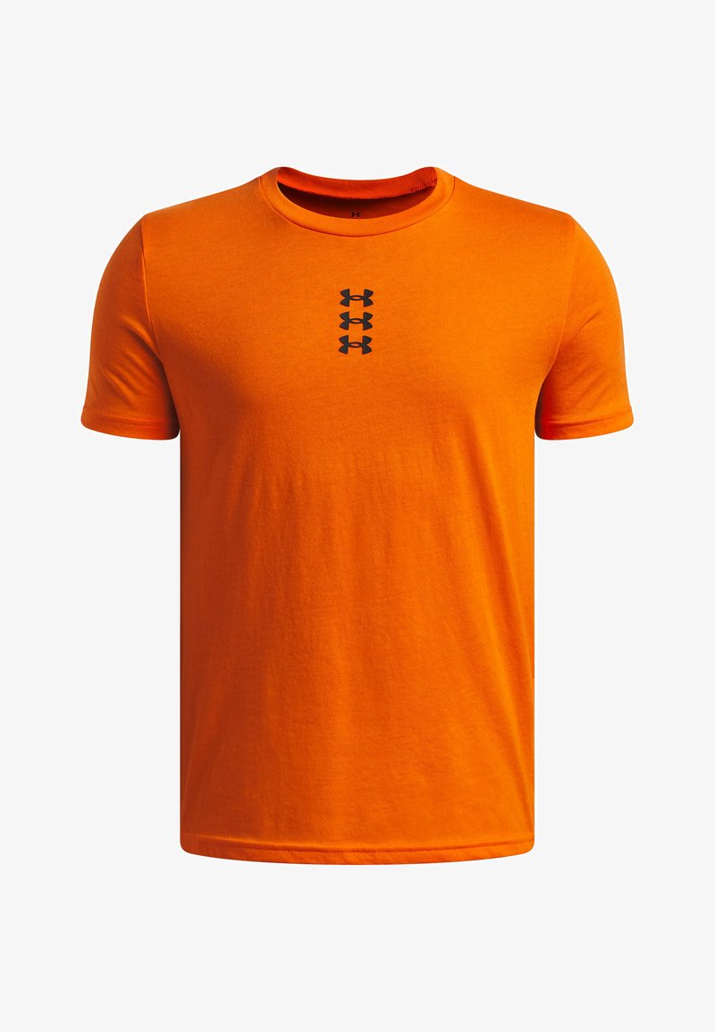 T-shirt en coton orange à col rond et manches courtes. Présente un logo noir avec trois symboles alignés verticalement au centre de la poitrine.