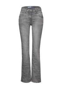 Grijze denim flared jeans met vijf zakken, knoopsluiting en een vervaagde textuur. Heeft subtiele stiksels en een middelhoge taille.