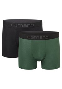Due paia di boxer: uno nero e uno verde scuro. Entrambi hanno un bordo elastico nero con il logo "camano". Tessuto morbido, design aderente.